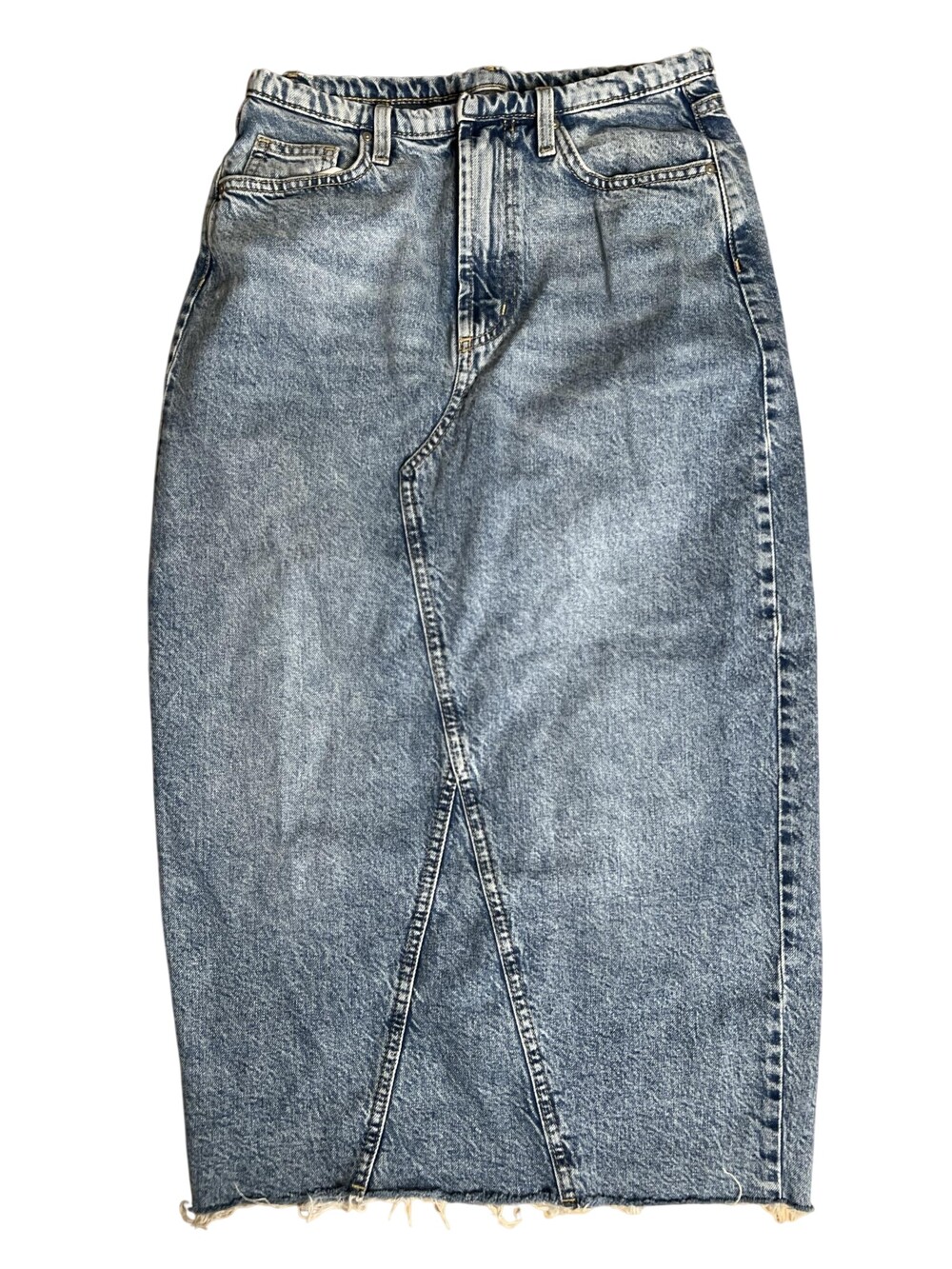Cotton On Skirt Womens 2 US Blue Denim Maxi High Rise Pockets Zipper Raw Hem